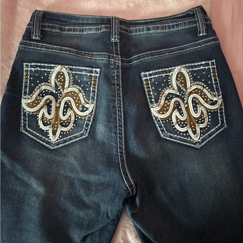 Blue Boot Cut Jeans with Embroidered Design